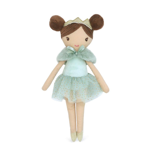 Plush doll with brown hair in buns, wearing a mint-green dress with gold glitter and a gold crown.