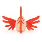 Rear view of a stuffed plush goldfish with peach body and orange fins.
