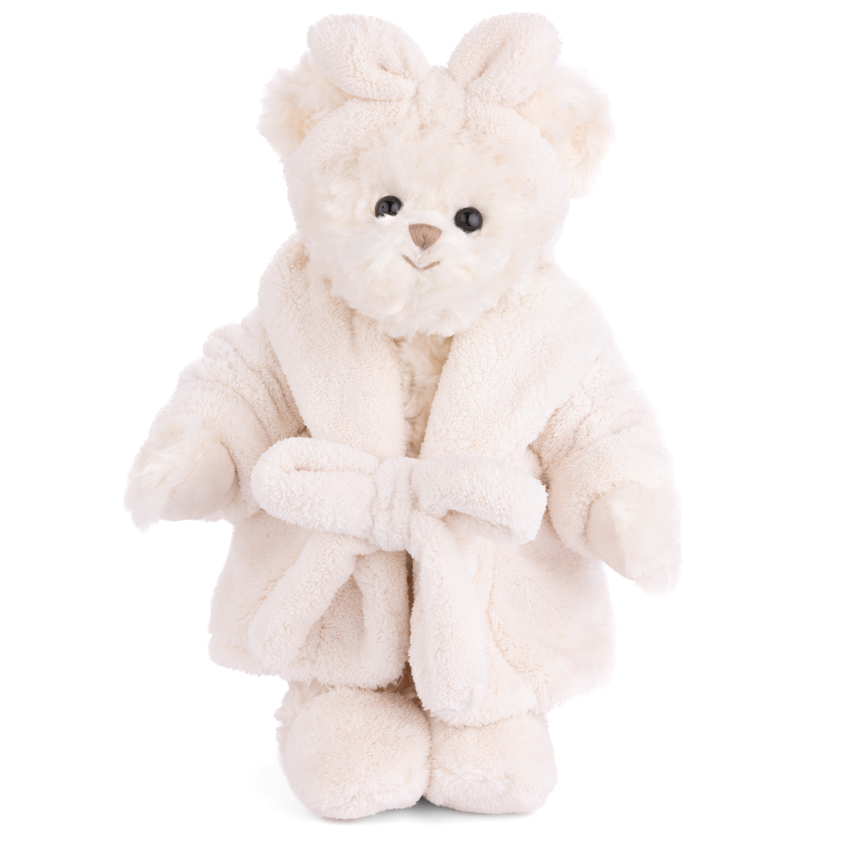 White plush bear toy with a robe on a white background