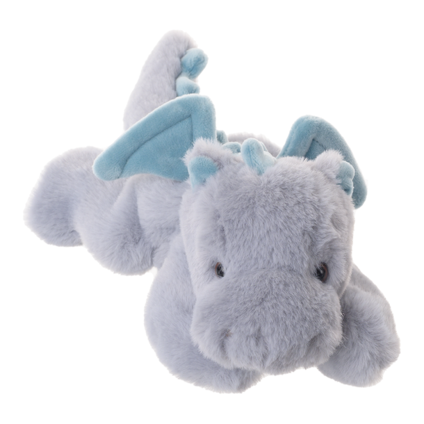 Plush dragon toy with blue wings on a white background