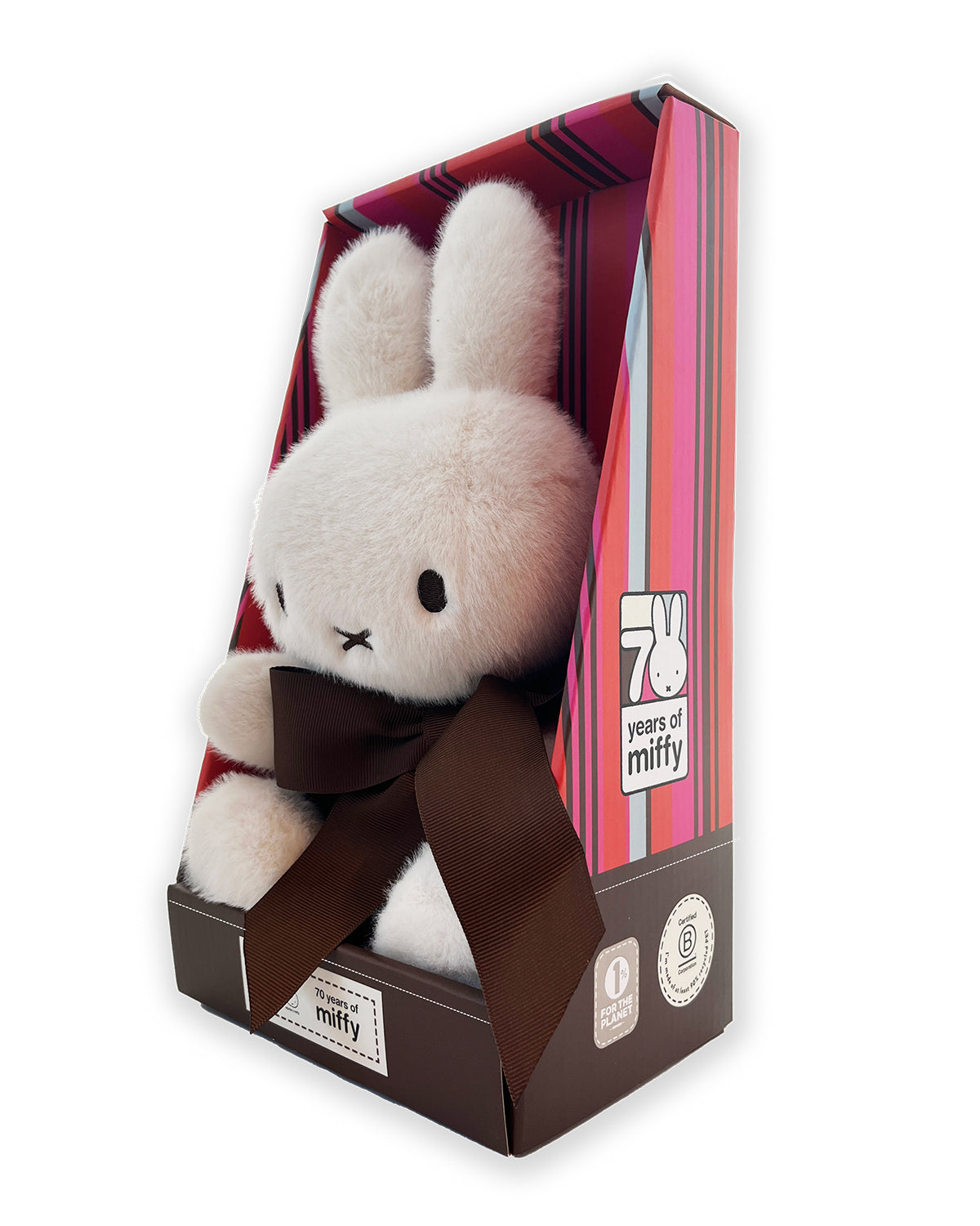 White Miffy plush toy in a brown and pink striped box with a brown bow.