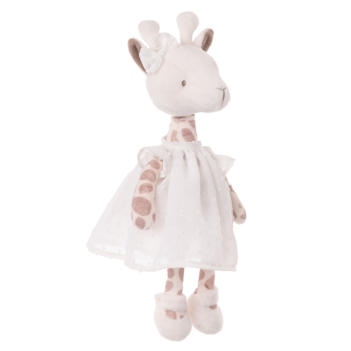 Stuffed giraffe toy with a white dress on a white background