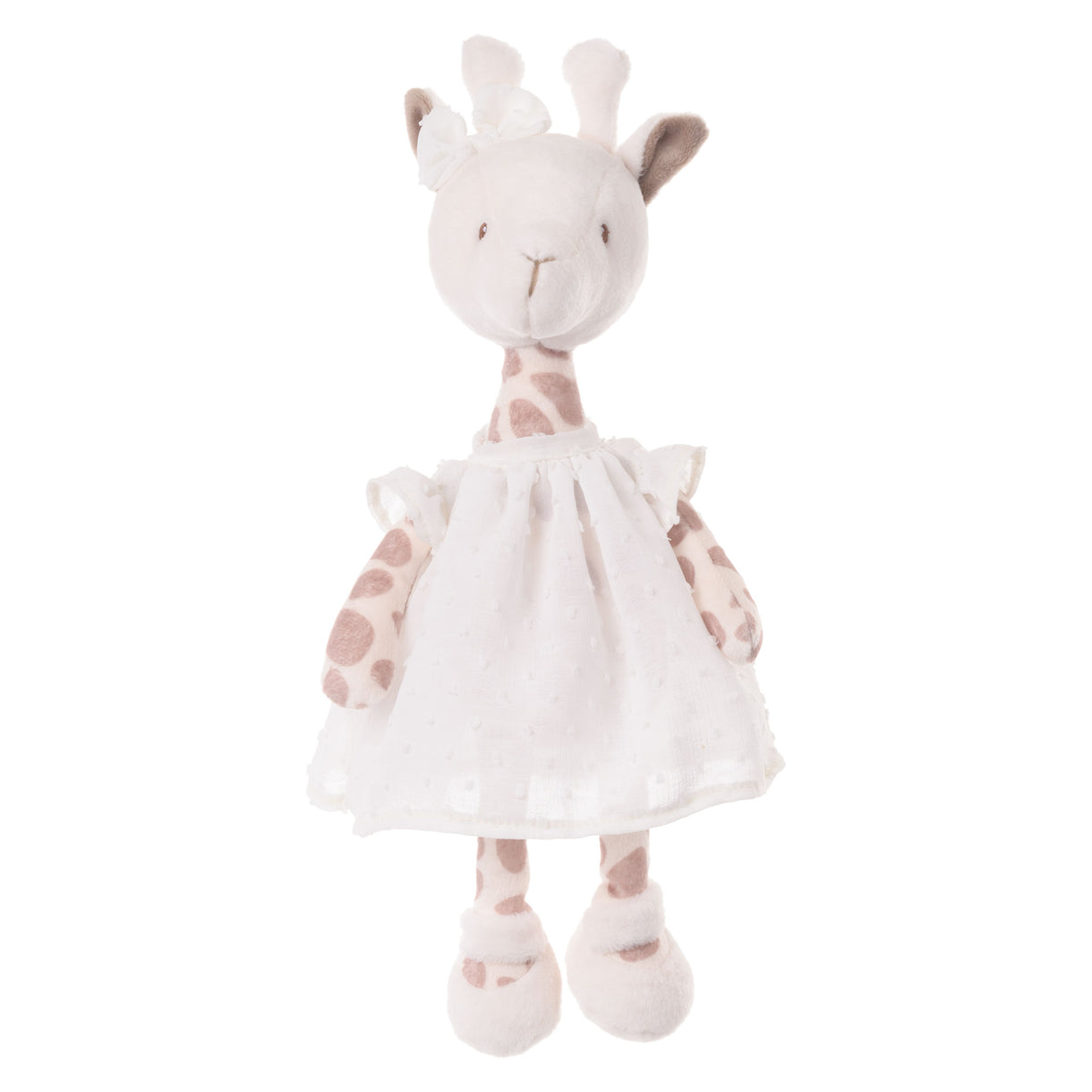 Plush giraffe toy with a white dress on a white background