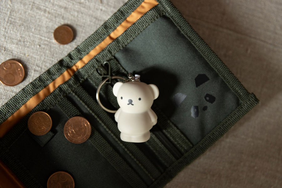 A wallet, a teddy bear keychain, and a few copper coins are sitting on a light brown surface.