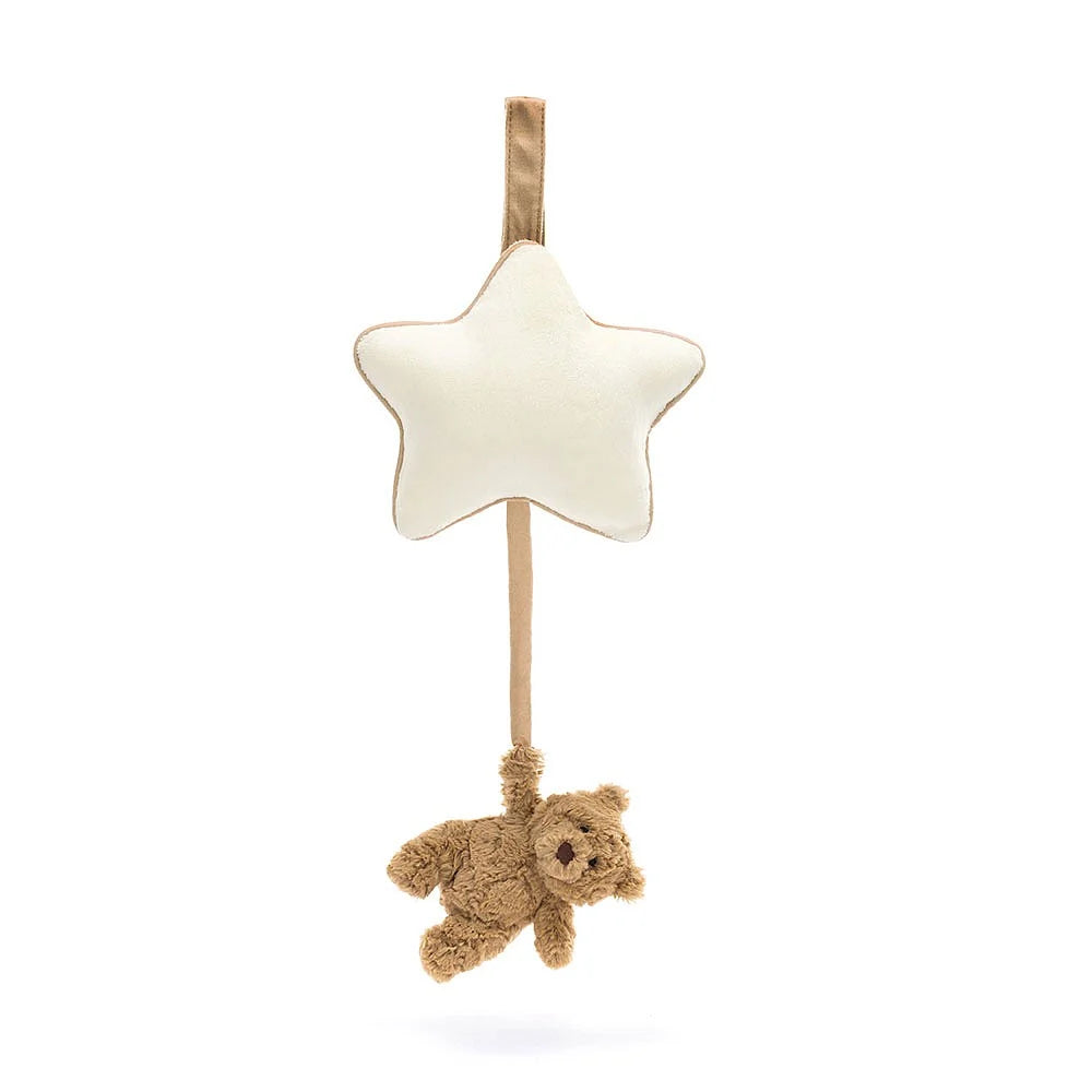 Stuffed toy hanging decoration with cream star and brown teddy bear.