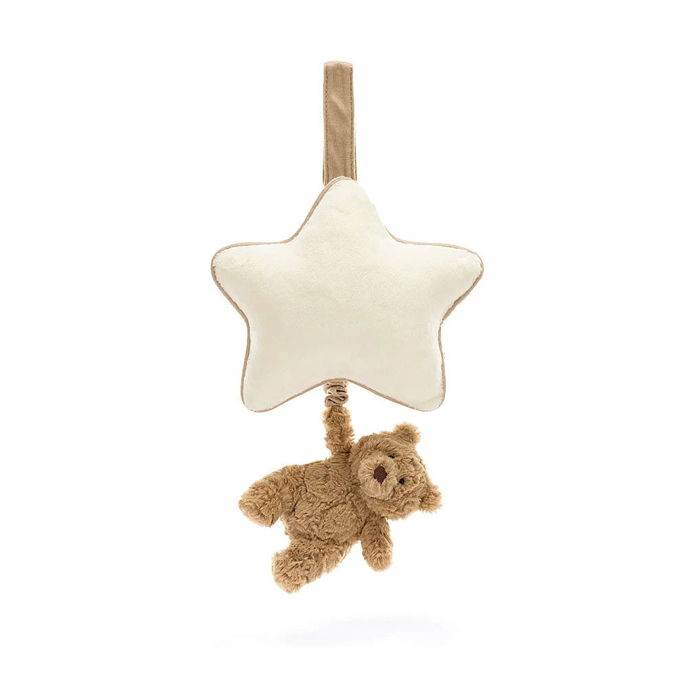 Cream star plushie with a beige hanging loop and a brown teddy bear dangling below.