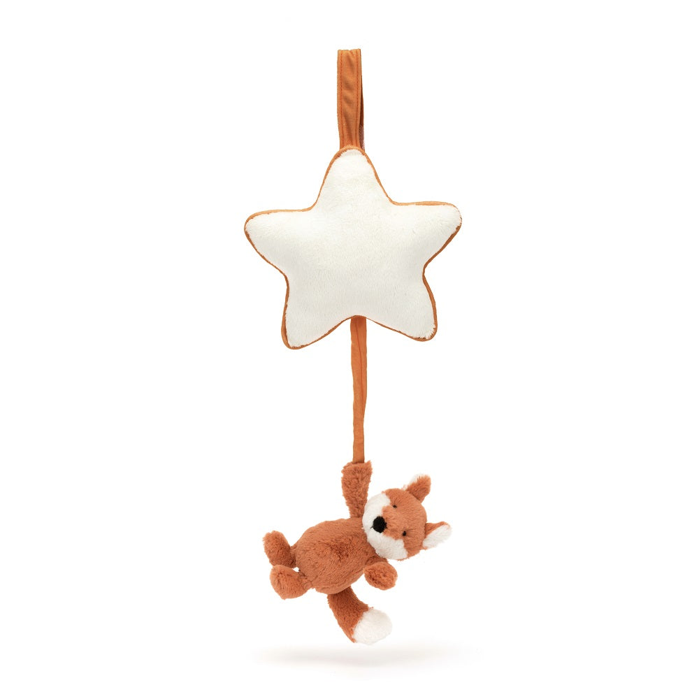 Stuffed fox toy hanging from star mobile.