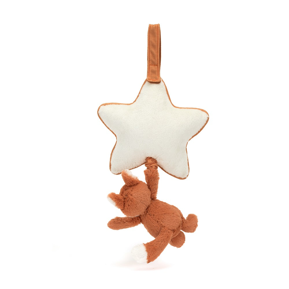 Stuffed fox toy hanging from a star with a strap.