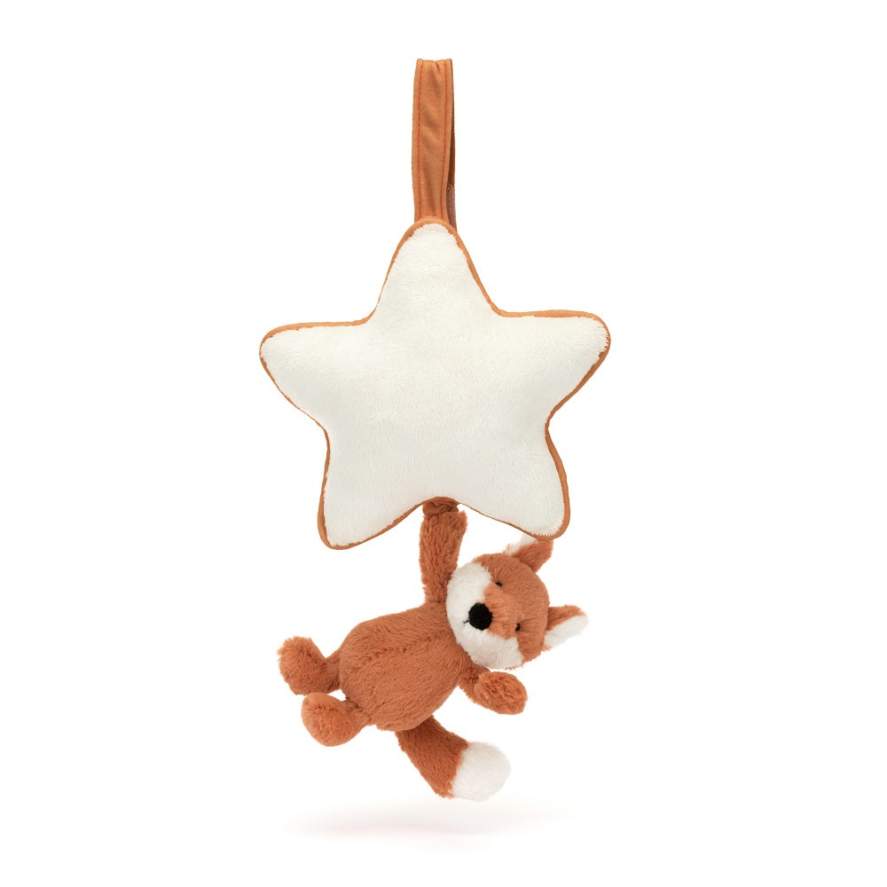 Stuffed white star with brown trim, holding a stuffed orange fox with a white tail.