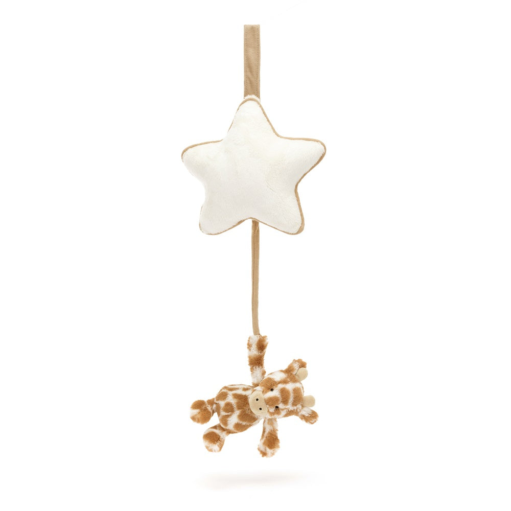 Stuffed giraffe hanging from a plush star.