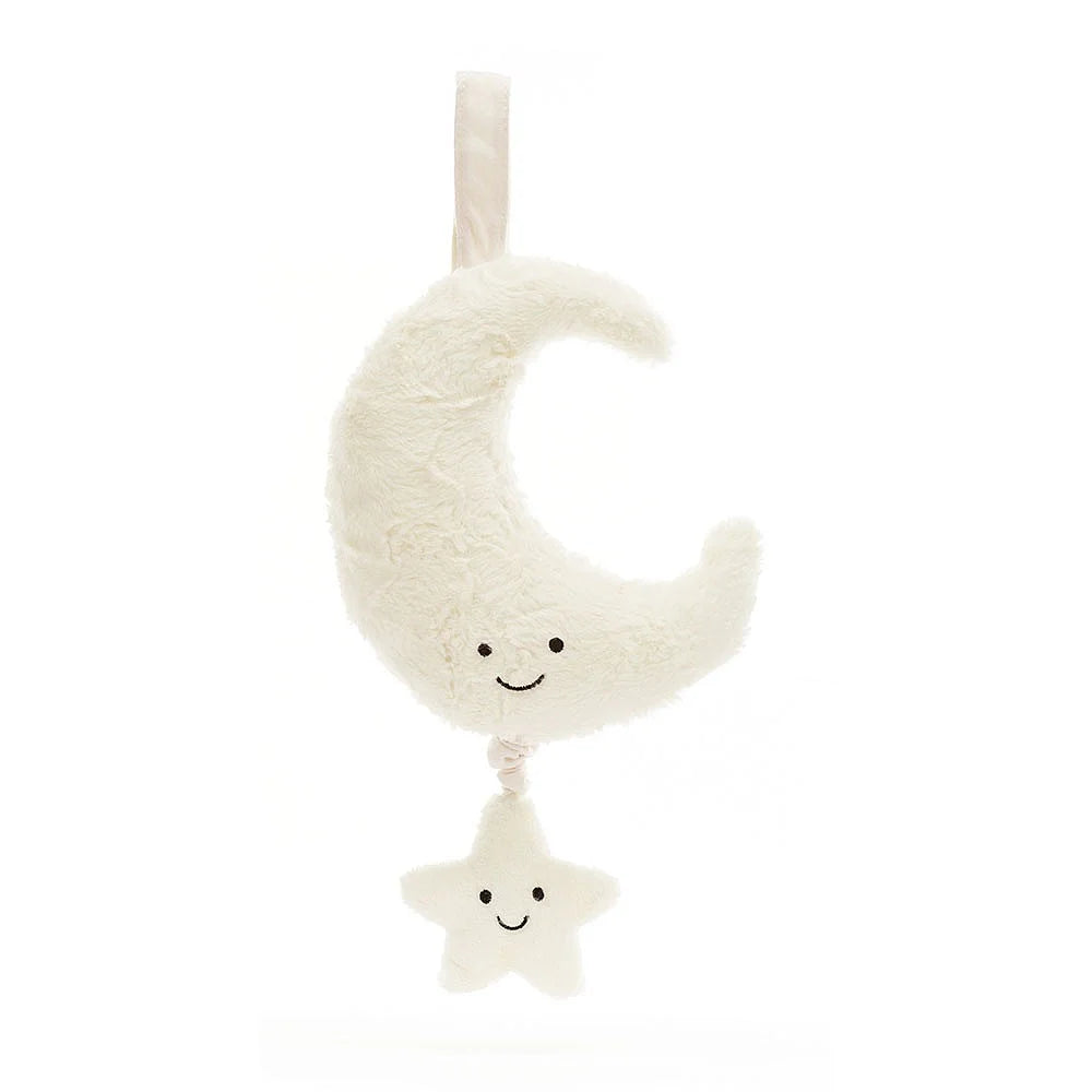 Stuffed, smiling crescent moon with a hanging star.