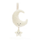 Stuffed, smiling crescent moon with a hanging star.