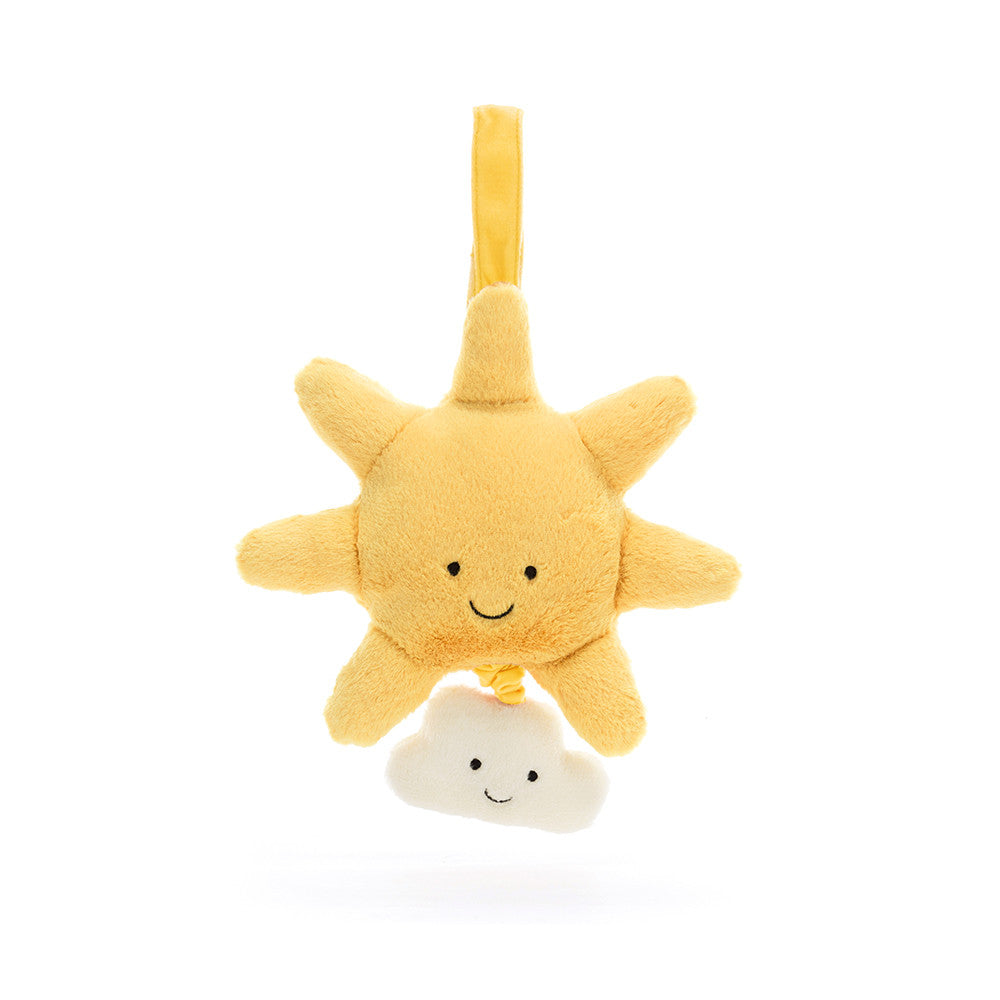 Yellow plush sun and white plush cloud mobile with smiling faces.