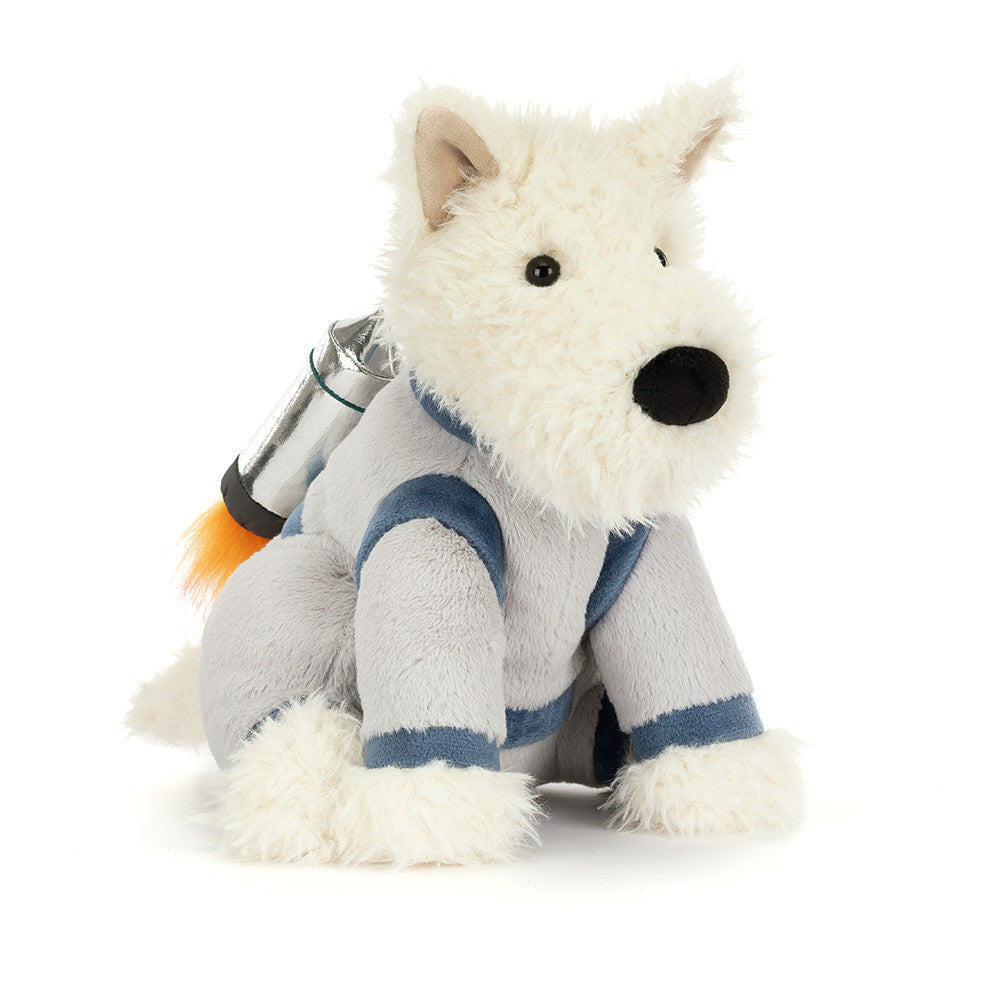 White plush Scottie dog in gray and blue space suit with silver rocket pack, by Jellycat, sitting front view