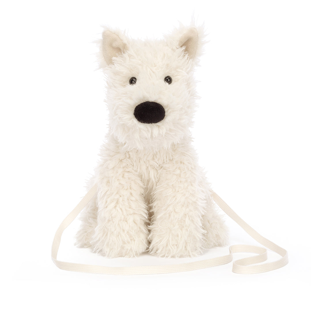 White, plush, stuffed, Scottie dog toy with a cream-colored leash.
