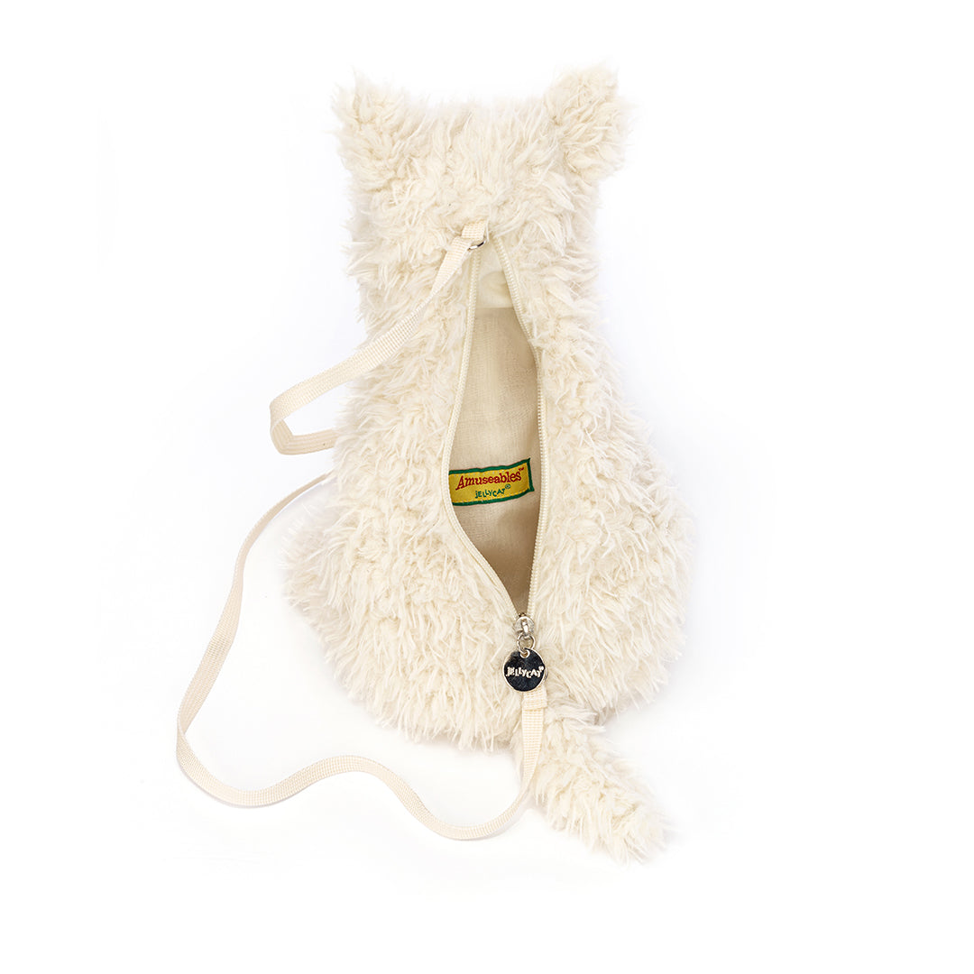 White, furry cat purse with shoulder strap and zipper.