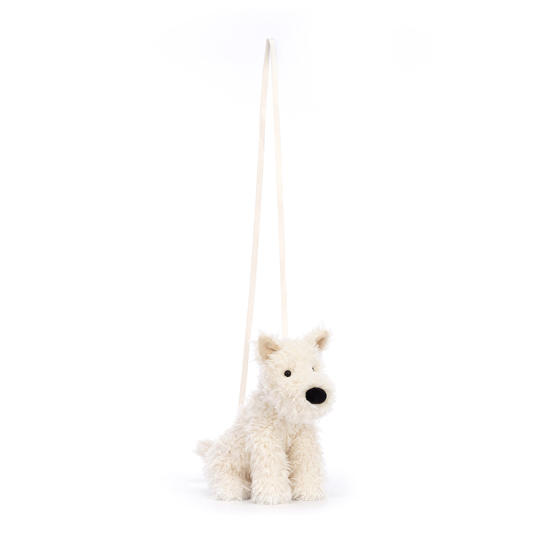 White stuffed dog purse with cream-colored strap.
