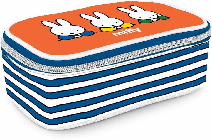 A zippered pencil case featuring a bright orange top panel with three cartoon rabbits and the name 'miffy' in white, paired with blue and white horizontal stripes on the sides.