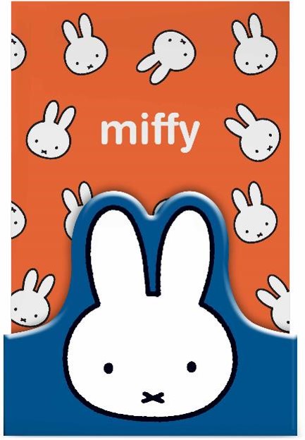 A Miffy-themed card or sticker featuring a large white rabbit head silhouette on a blue shape at the bottom, with an orange background patterned with smaller white rabbit faces and the word 'miffy' in white text.