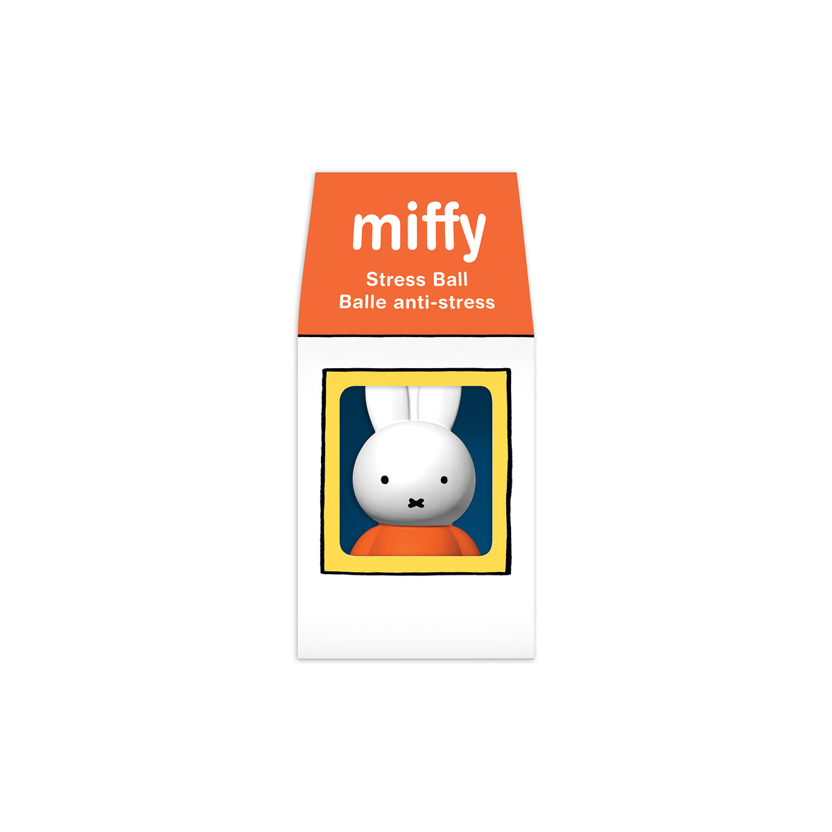 A Miffy branded stress ball in its retail packaging, featuring a white ball with rabbit ears and a black mouth, framed in yellow and blue, with an orange top label reading 'miffy Stress Ball'.