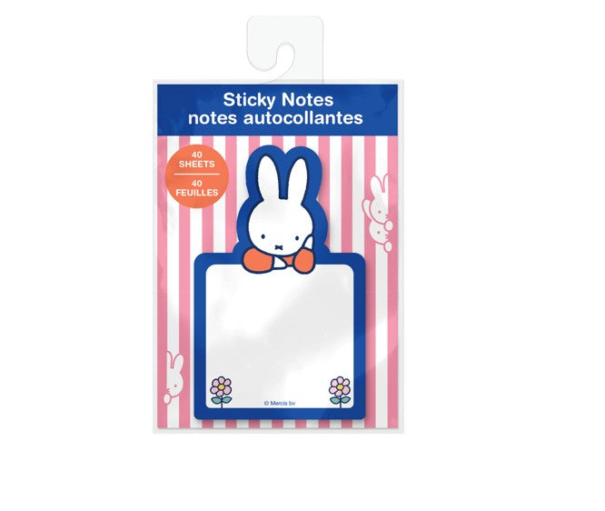 Miffy branded sticky notes in retail packaging, featuring a white bunny with a blue outline and orange bow tie on a pink-and-white striped card with a blue header.