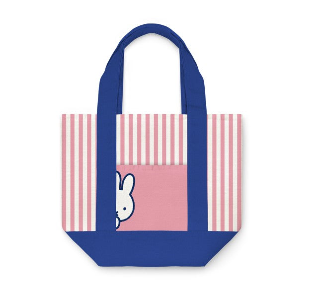 Tote bag with blue handle and pink and white striped pattern on a white background