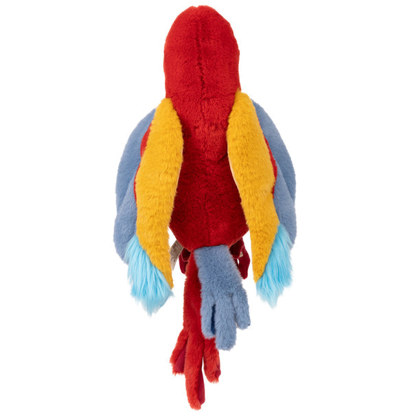 Colorful parrot-shaped plush toy on a white background