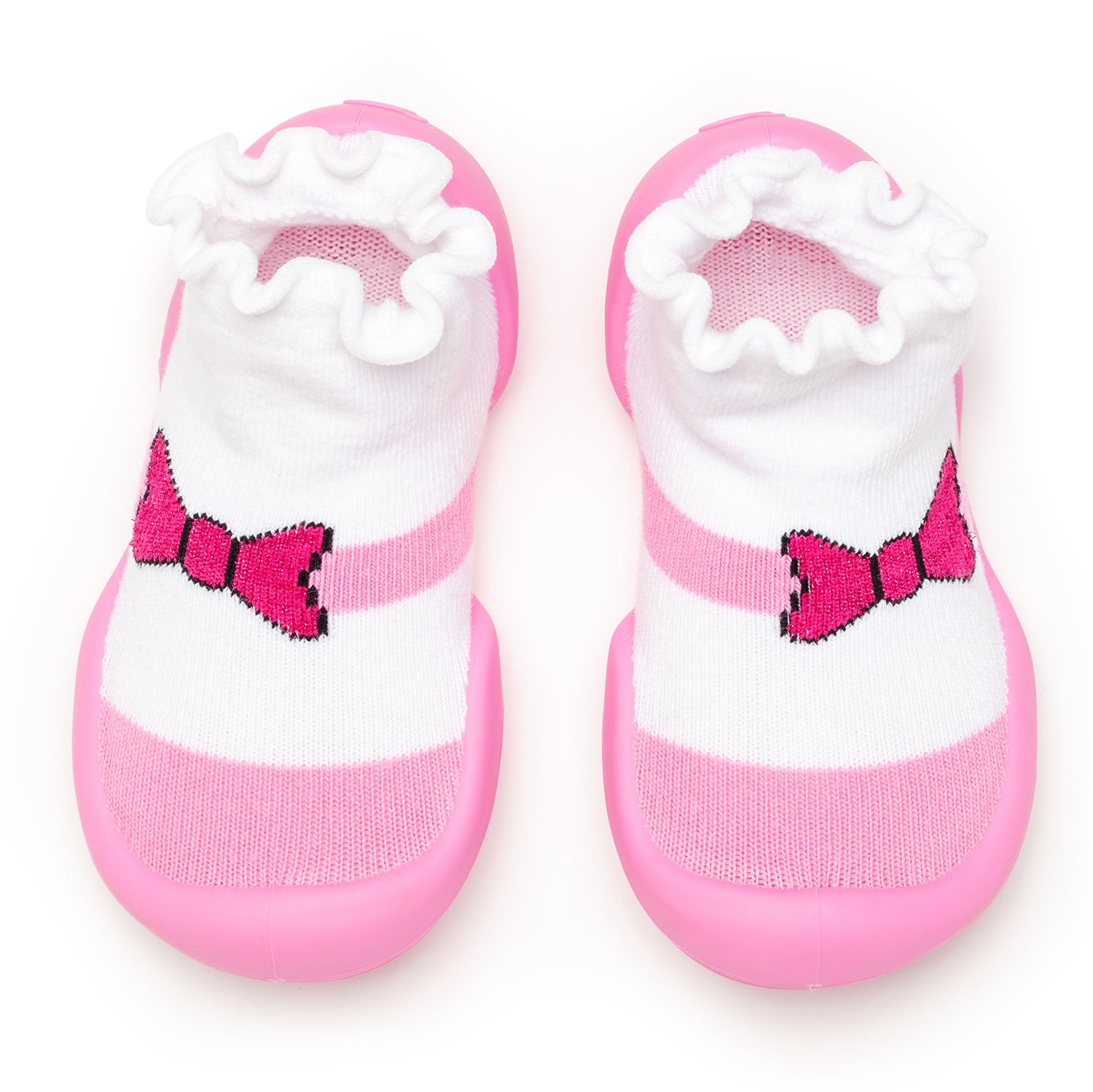 Pair of pink and white baby socks with bow detail.