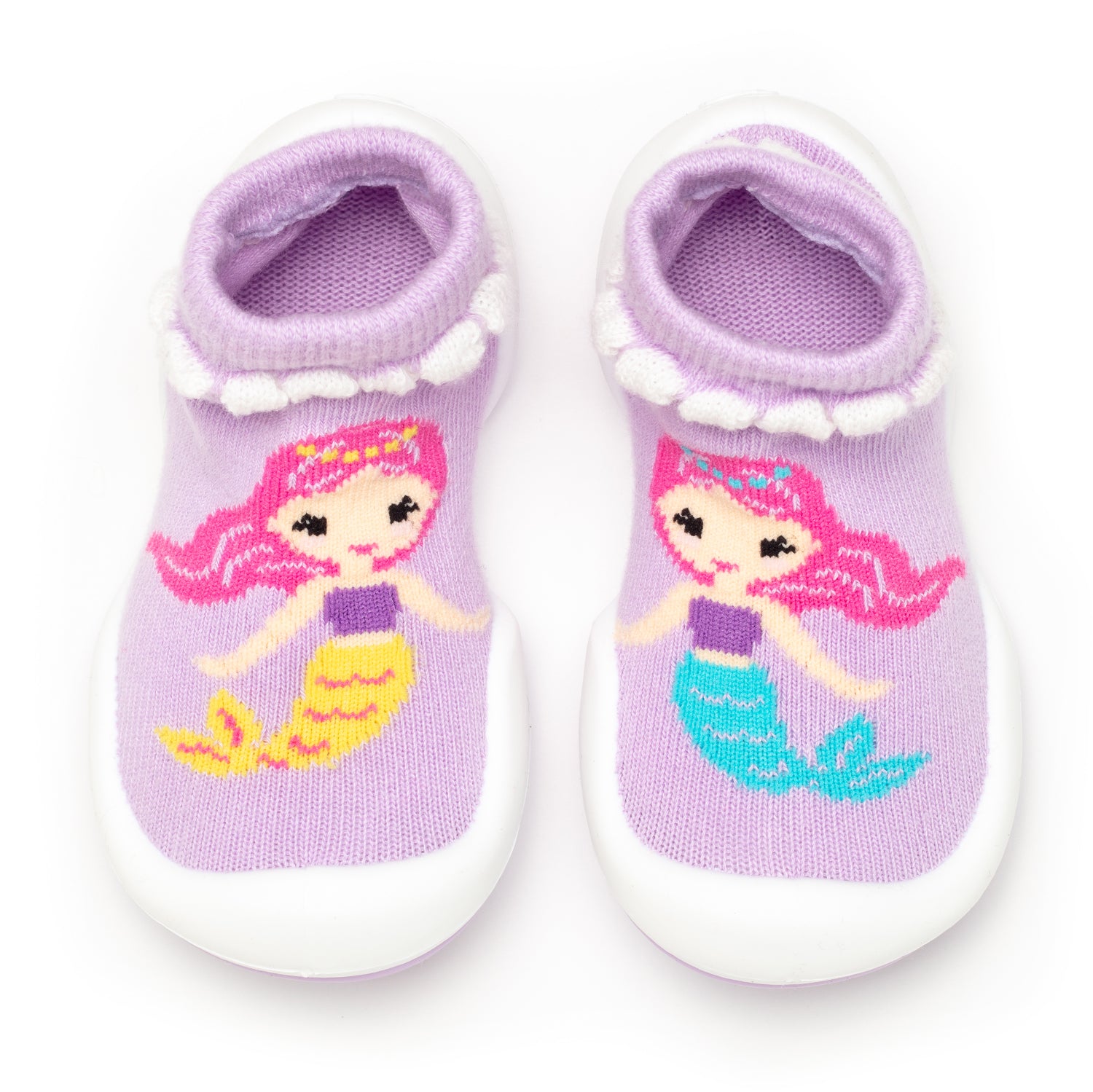 Two lavender baby sock shoes with mermaid designs.
