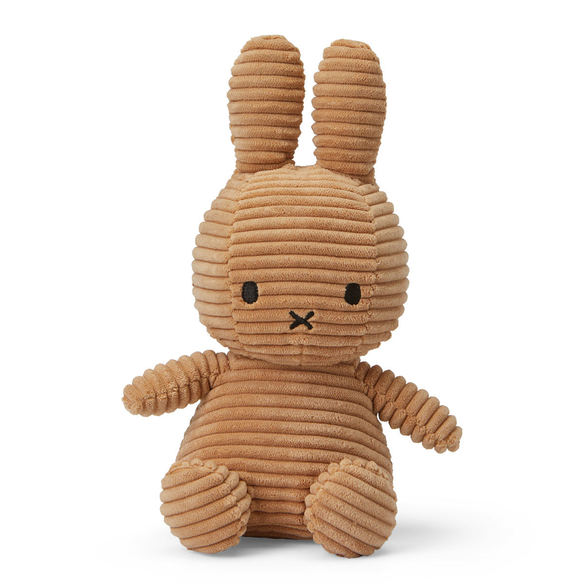 Brown corduroy stuffed bunny toy sitting.