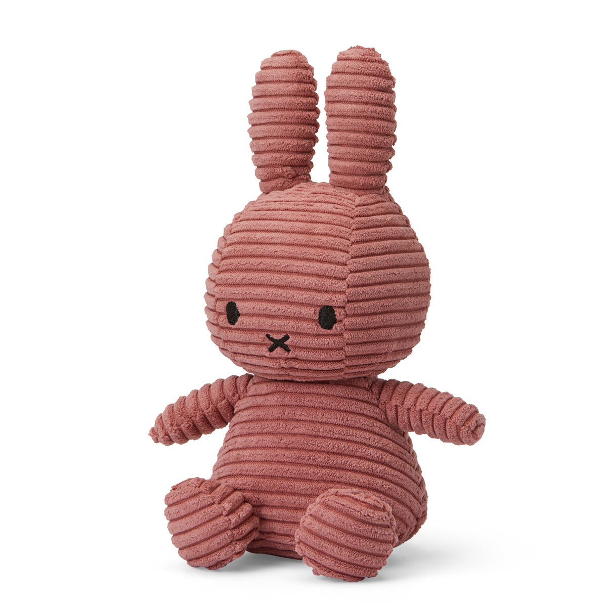 A pink corduroy Miffy bunny plush toy sitting upright.