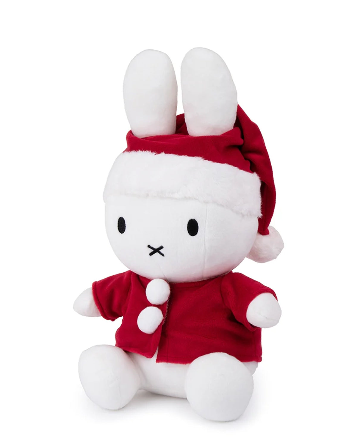 White stuffed Miffy rabbit toy wearing a red Santa hat and jacket.