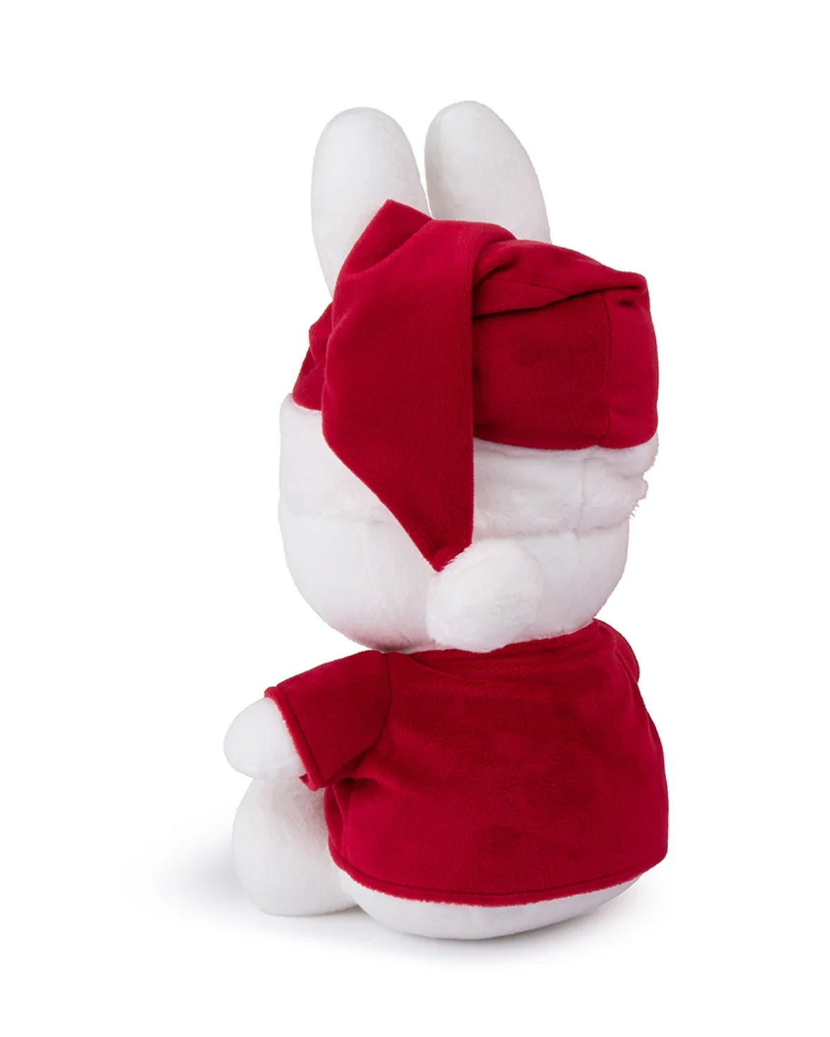 Back of white plush rabbit wearing a red Santa hat and red sweater.