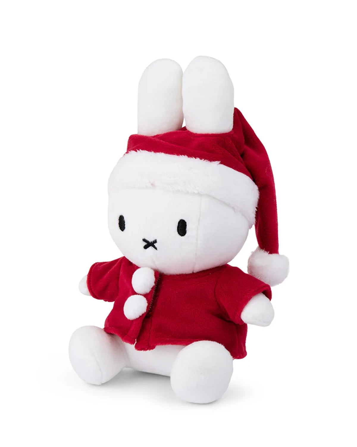 White Miffy plush toy in red Santa hat and jacket.