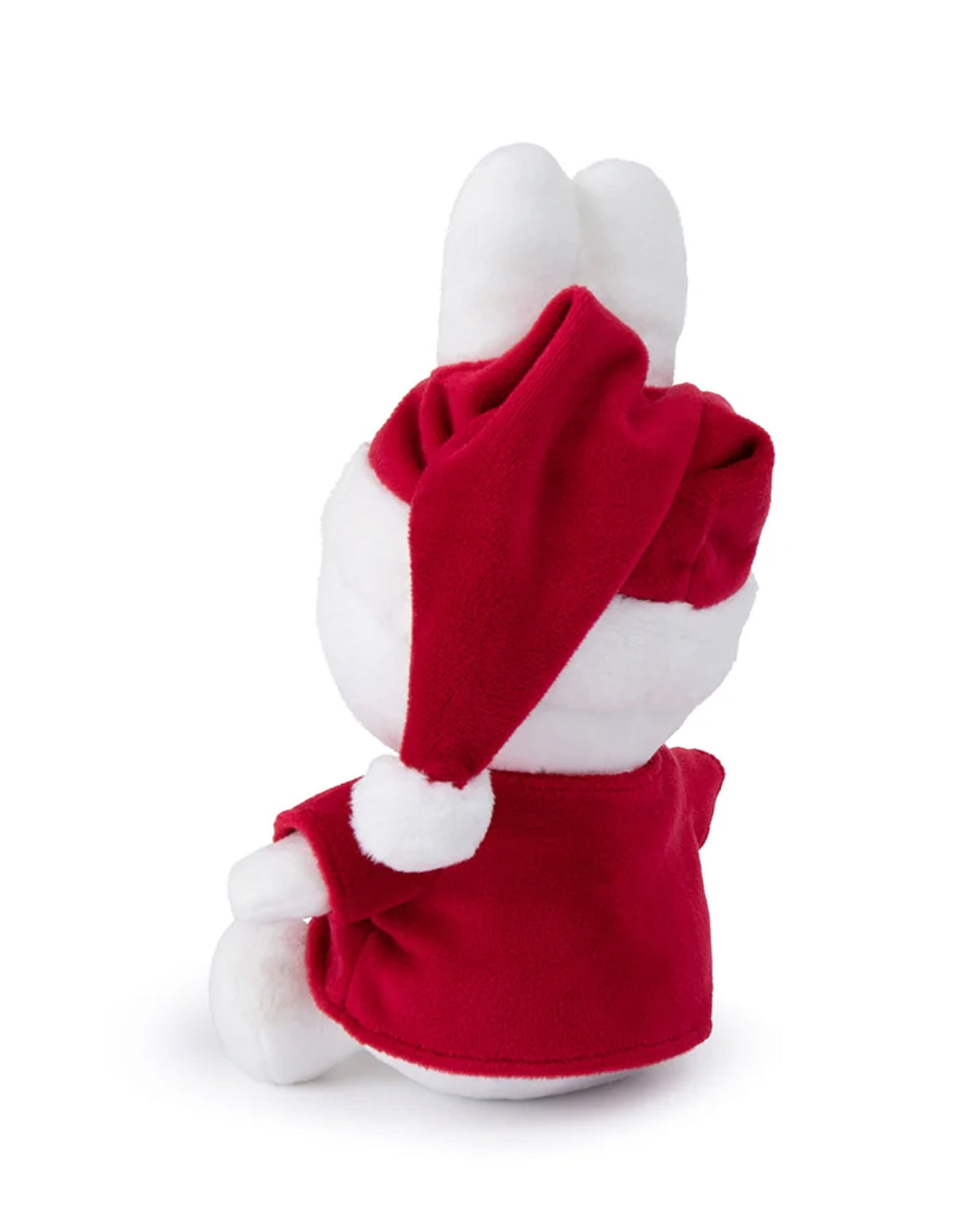 Back of a white rabbit plush toy wearing a red Santa hat and shirt.
