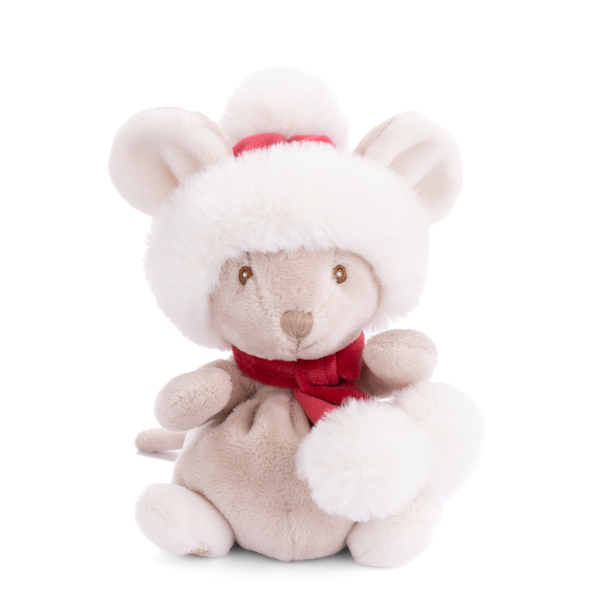 Plush bear toy with a white hat and red scarf on a white background
