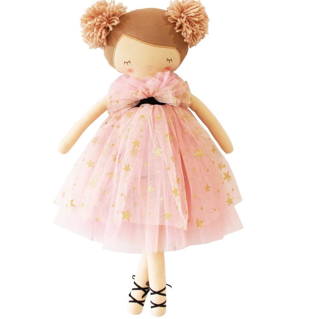 Rag doll with yarn hair, pink star dress, and ballet shoes.