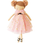 Rag doll with yarn hair, pink star dress, and ballet shoes.