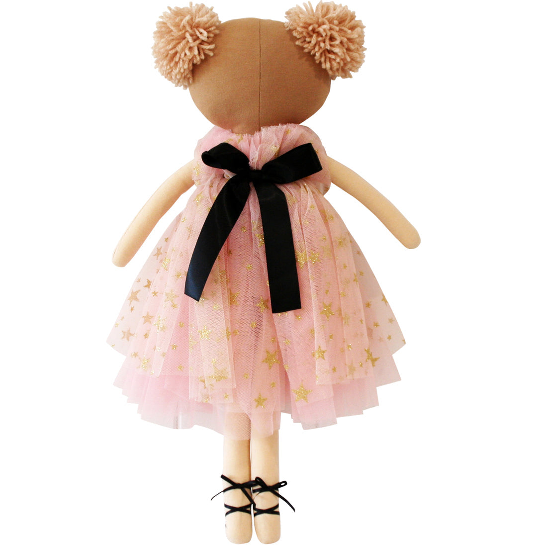 Stuffed rag doll with brown skin, pink dress, and ballet shoes.