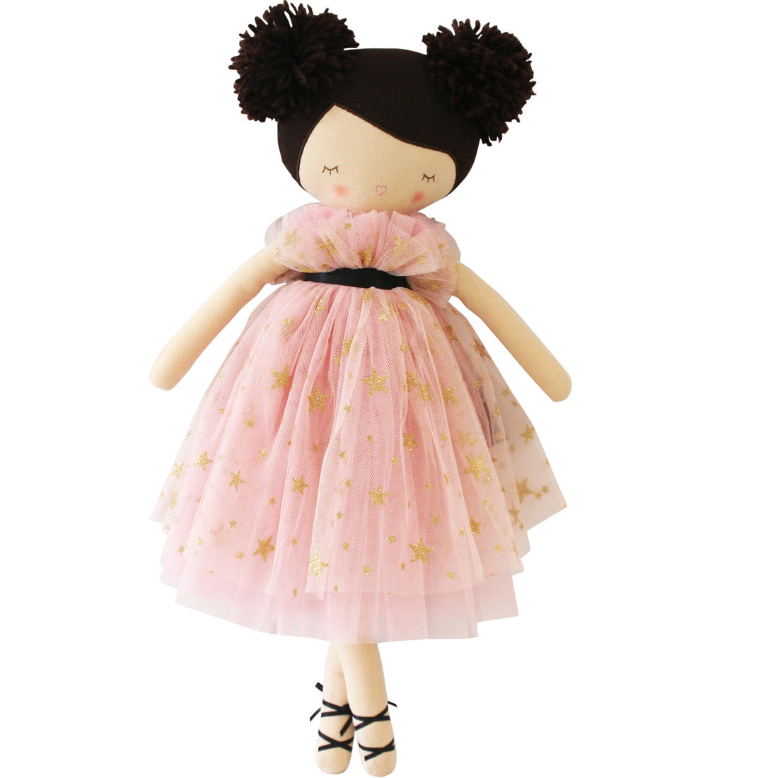 A ragdoll with brown hair in two buns and a pink dress with gold stars.