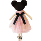 Ragdoll with dark hair, pink dress, gold stars, and black ribbons.