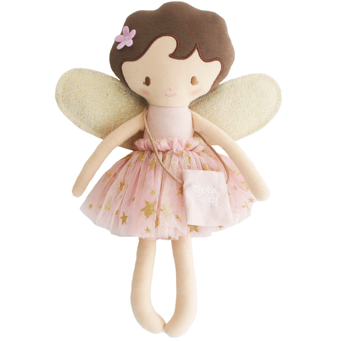 Plush fairy doll with pink tutu and gold wings.