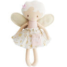 Tooth fairy doll with white hair, gold wings, and a white skirt with gold stars.