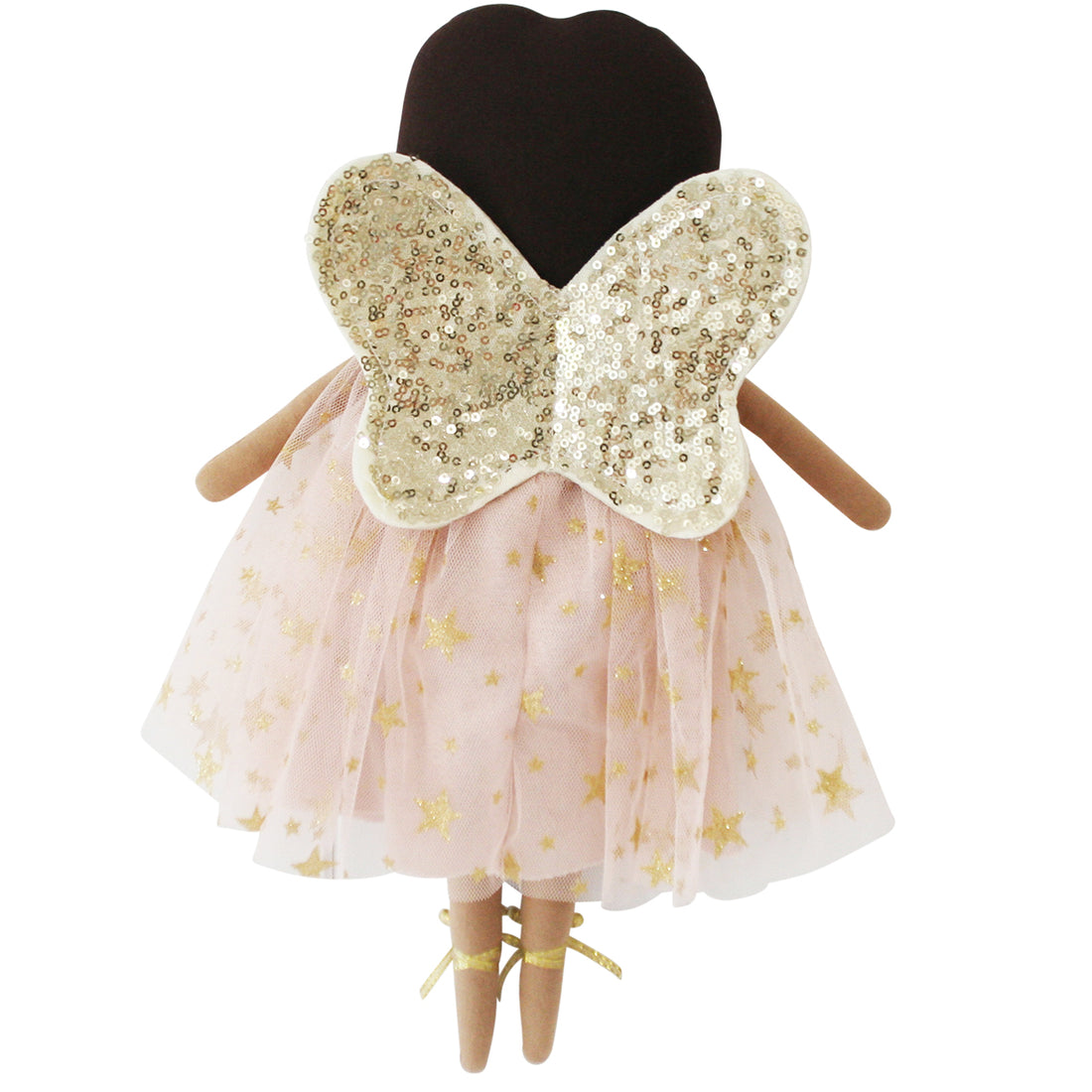 Back of a brown-haired doll wearing a pink skirt with gold stars and gold sequined wings.