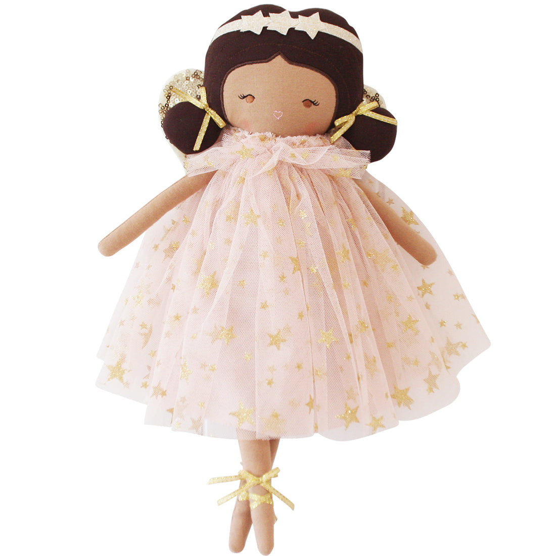Stuffed doll wearing pink dress with gold stars.