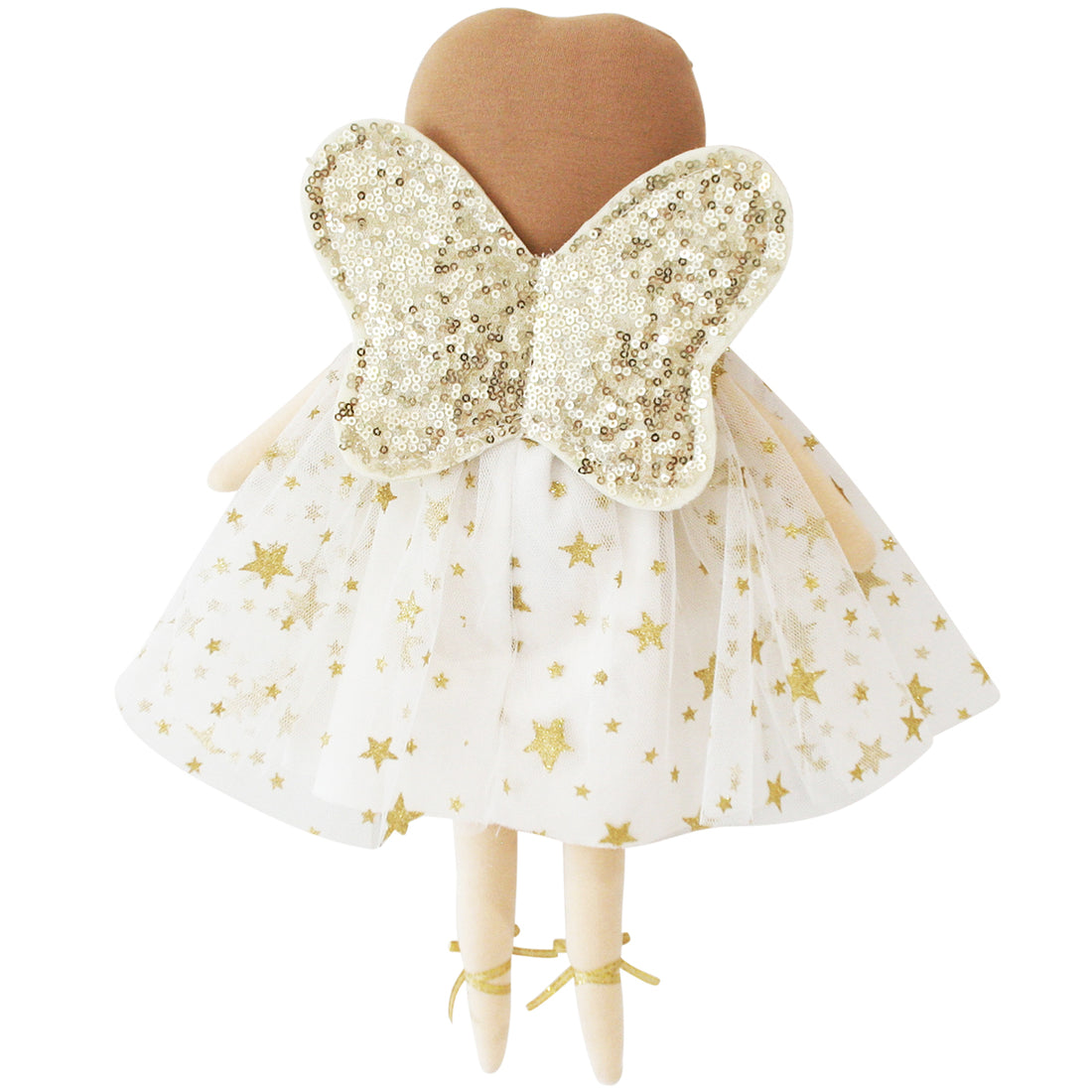 Rear view of a plush doll with sequined wings and a star-patterned tutu.