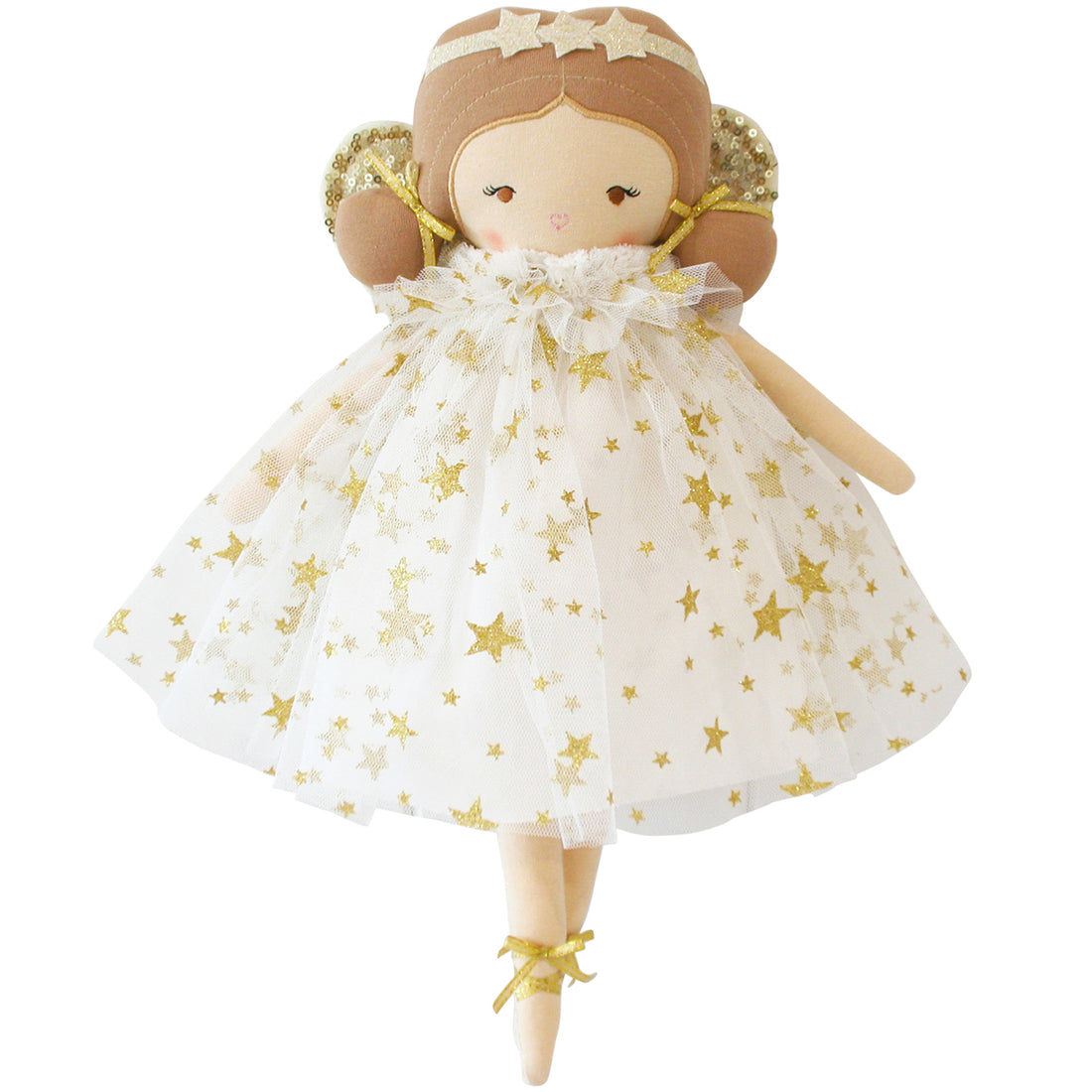 Stuffed doll with brown hair and white dress with gold stars.