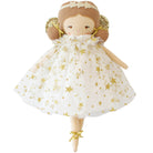 Stuffed doll with brown hair and white dress with gold stars.