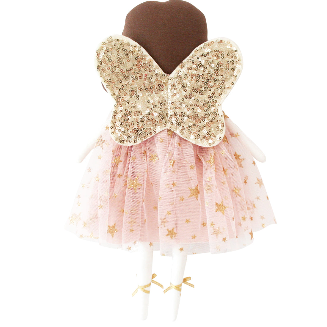 Back view of a doll with brown hair, a gold sequined butterfly wing, a pink tutu with gold stars, and gold ribbons on white legs.