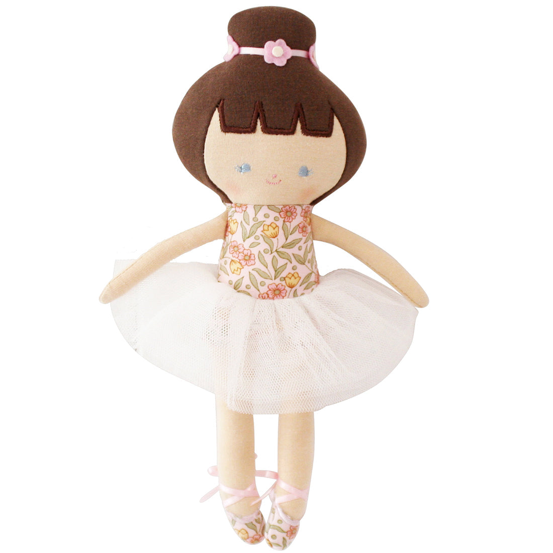Ballerina doll with a floral dress, white tulle tutu, and pink ribboned shoes.